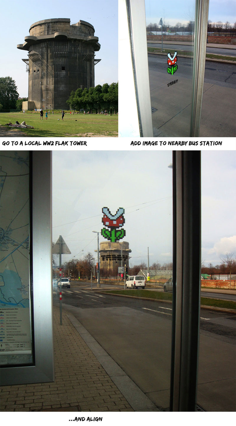 strategically-placed-street-art-by-tabby-super-mario-piranha-plant at bus stop