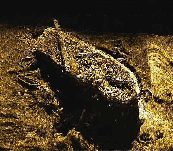 A side-scan sonar image of the HMS Investigator, discovered summer 2010 in Mercy Bay off Banks Island, N.W.T. This summer Parks Canada will dive for the first time to the wreck as part of the third and final phase of a search for Sir John Franklinís HMS Terror and HMS Erebus. The Investigator set sail in 1850 in search of Franklinís failed expedition of the Northwest Passage where it became trapped in thick pack ice at the western end of the Northwest Passage and had to be abandoned. (Parks Canada/Handout)   For Rob Hiltz (Postmedia News). FRANKLIN-SEARCH.