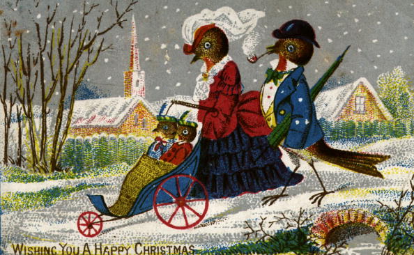 circa 1870: The Robin family take a stroll on a wintry Christmas morning, on this Victorian Christmas greetings card. (Photo by Hulton Archive/Getty Images)