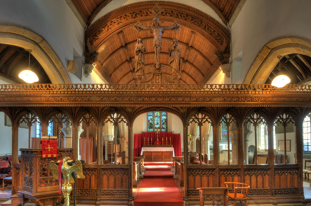 Job: CHCT series - Landulph Church Caption:The fine rood screen, carved by the Pinwill sisters, in the late 1920's.
